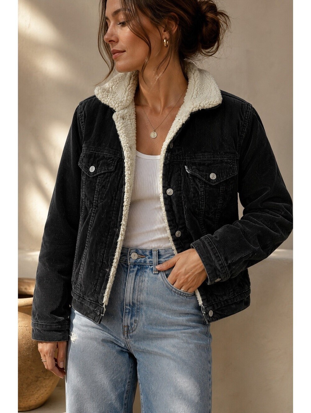 Levi’s Sherpa Corduroy Trucker Jacket Black Women’s Medium Y2K Western